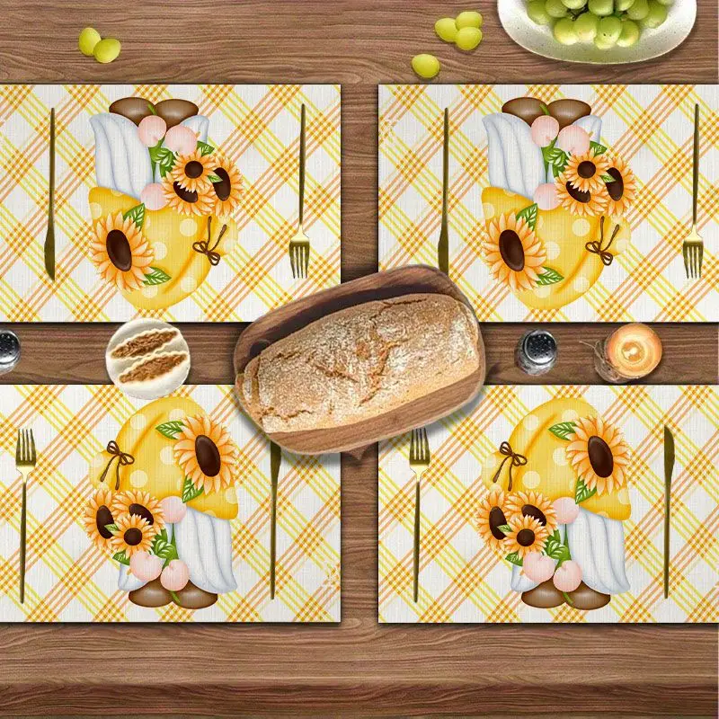 6Pcs, Sunflower Gnome Placemats, Best Placemats, Washable, Suitable for Holiday Parties, Home Decor, Kitchen Countertops, Rectangular Dining Rooms, Make Your Dining Room and Kitchen More Beautiful, Birthday Gifts and Housewarming Party Gifts for Family and Friends