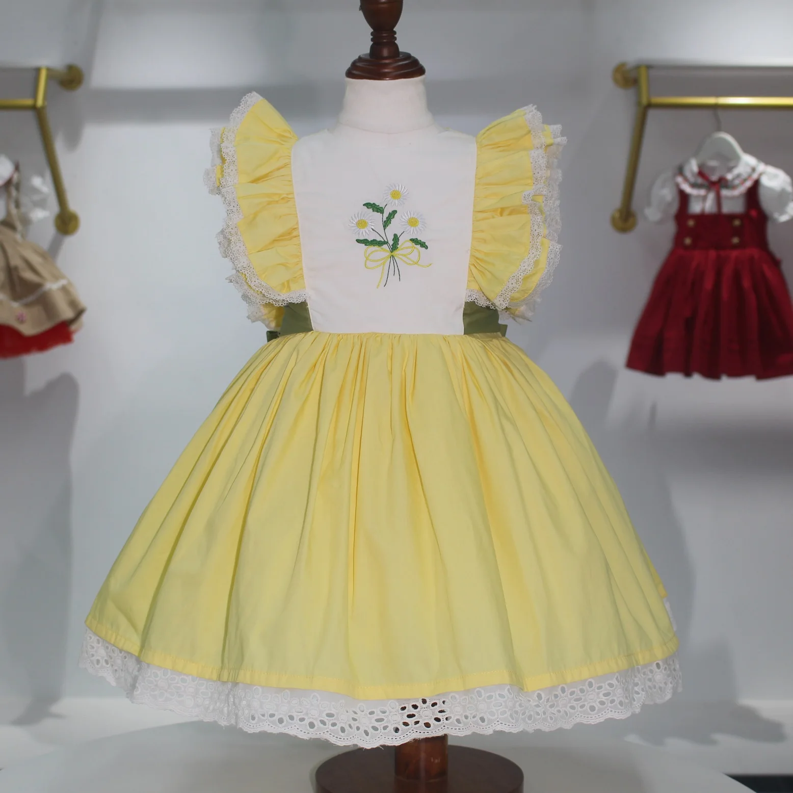 Baby Girl Summer Yellow Daisy Embroidery Turkish Vintage Princess Yellow Dress for Birthday Holiday Easter Photography Eid B197