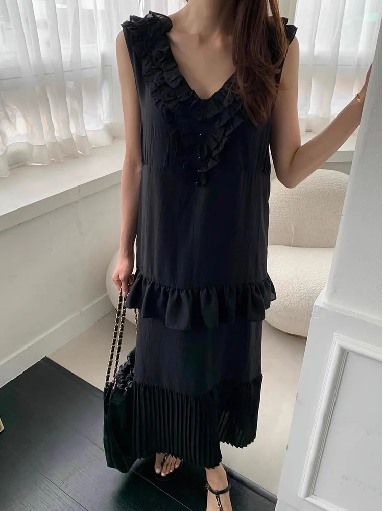 Liangliang デザイン V ネックノースリーブベストドレス女性の夏の新しいスプライシングプリーツロングスカート韓国スタイルルーズウエスト