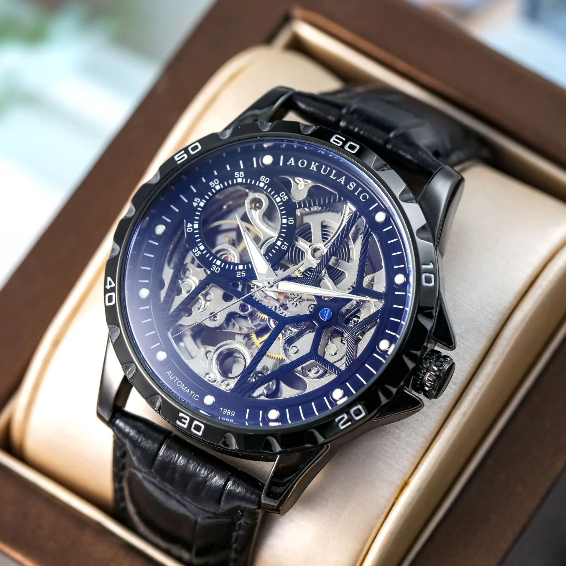 Stainless alloy Dual-Sided Skeleton Premium Luminous Waterproof Self-Wind Automatic Exquisite watch for Men