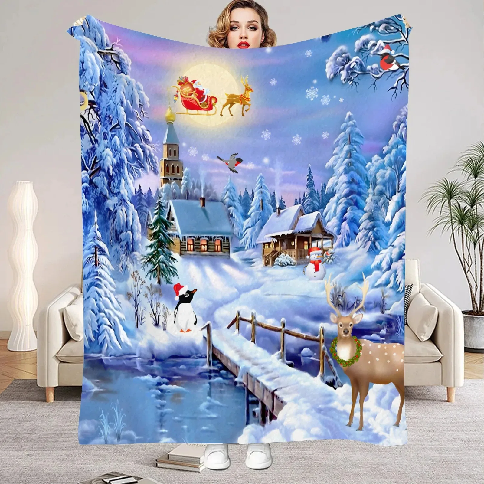 

1pc Blue Christmas Blanket Snow Deer 3D Print Smooth Flannel Blanket for Home Living Room Bedroom Decor New Year Christmas Gift