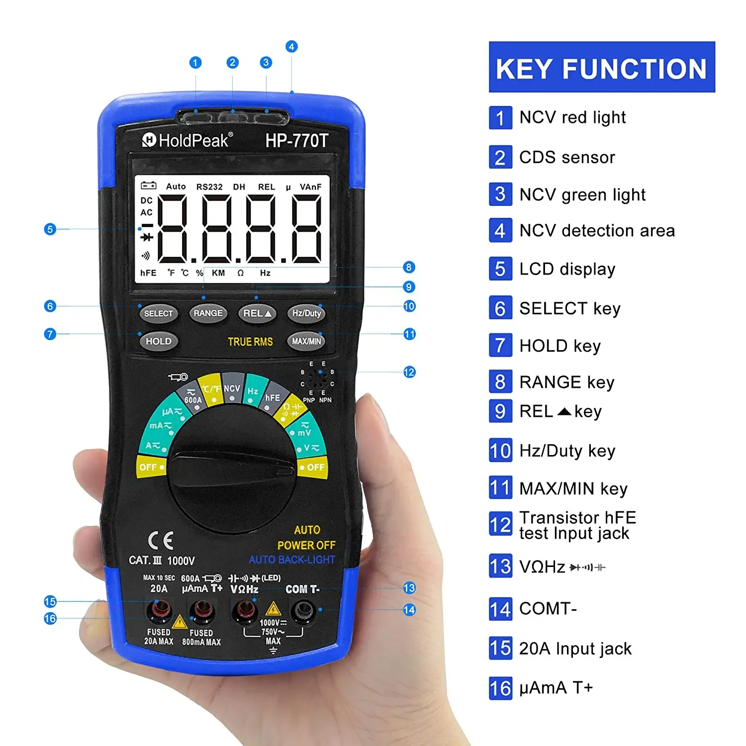 HoldPeak HP-770T, 6000-digit auto-range digital multi-meter with wide-range, high-capacity chip and handheld LCD display.