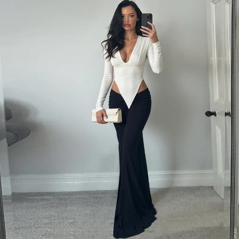 

Talenza Luxury Ruched Maxi Dress Women's Sexy Deep V Hollow Contrast Patchwork Dress Elegant New Party Evening Dresses Vestidos