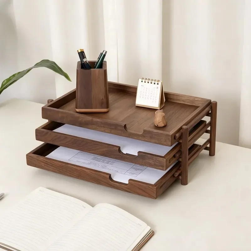 Solid walnut desk storage box wooden three-layer file rack A4 paper tray desktop file accessory rack with drawer