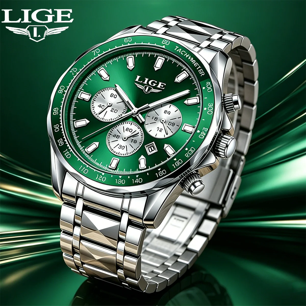 

LIGE New Business Men Watches Luminous Calendar Silver Green Quartz Watch Mens Sports Waterproof Stainless Steel Man Wristwatch