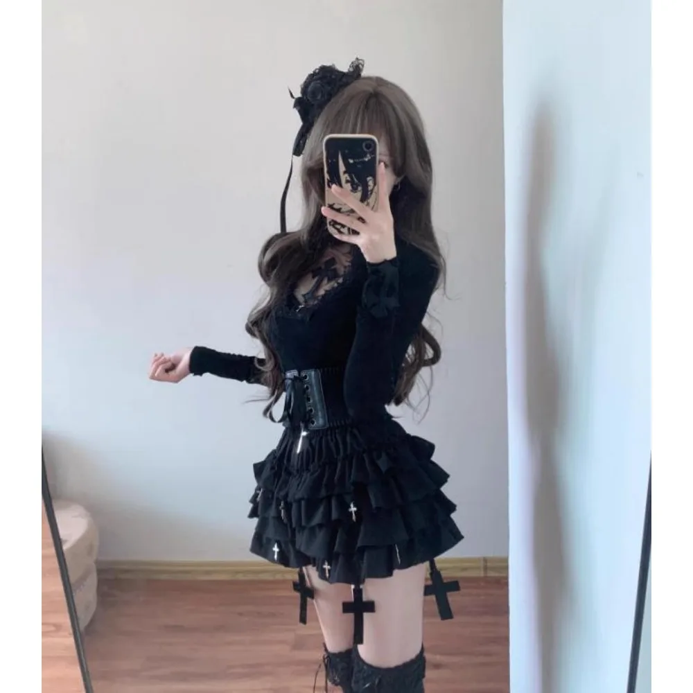 2025 Gagaok Y2K Skirts Spicy Girl Subculture Multi Layer Mushroom Lace Skirt Female A-line Dark Cake Skirt High Waisted Faldas