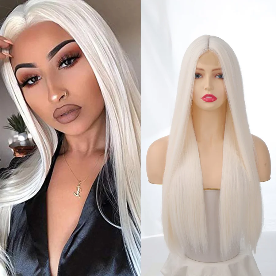 Synthesis long straight white natural wig no bangs heat resistant premium synthetic wig hair set