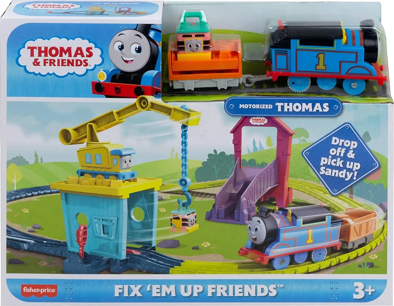 Original Thomas and Friends Fix \'em Up Trains Set with Carly Crane Sandy Rail Transport Track Kids Toys for Children Motorized