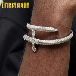 New Iced Out Bling CZ Justice Sword Bangle Gold Silver Color Cubic Zircon Cross Bracelet For Women Men Hiphop Jewelry