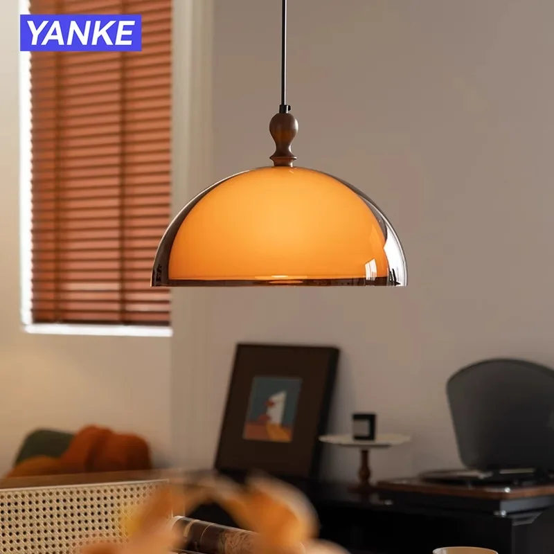 French Retro Brown Acrylic Dining Room Pendant Light with Walnut Wood for Restaurant Bar Bedroom Wire Adjustable Hanging Lamp