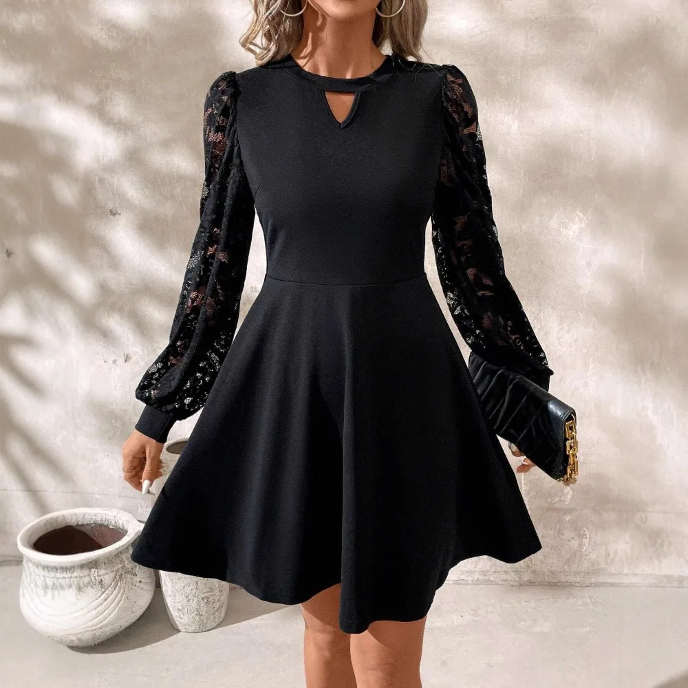 Women Elegant Black Midi Dress 2026 New, Round Neck Lace Patchwork Lantern Long Sleeve Slim Dress For Office Daily Wear Semi