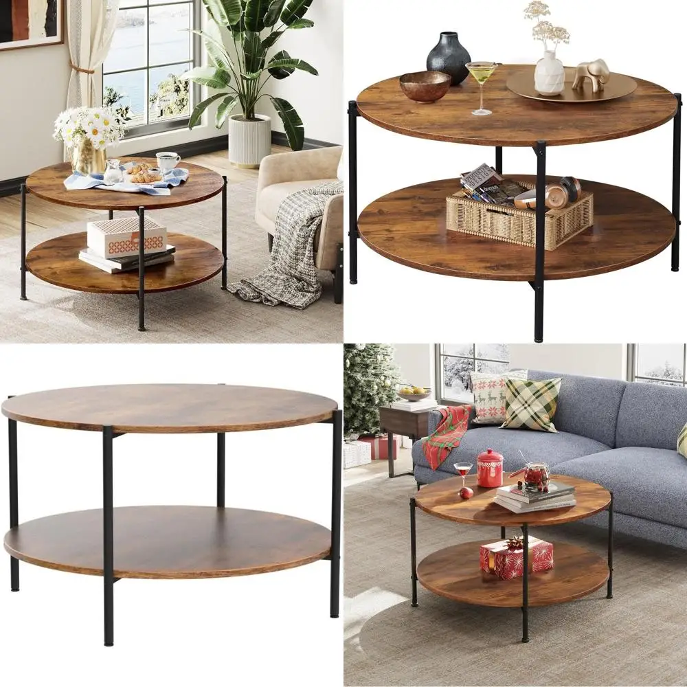 

Двухуровневый круглый деревянный журнальный столик в деревенском стиле, коричневый, 32,6 дюйма, с полкой для хранения, для гостиной