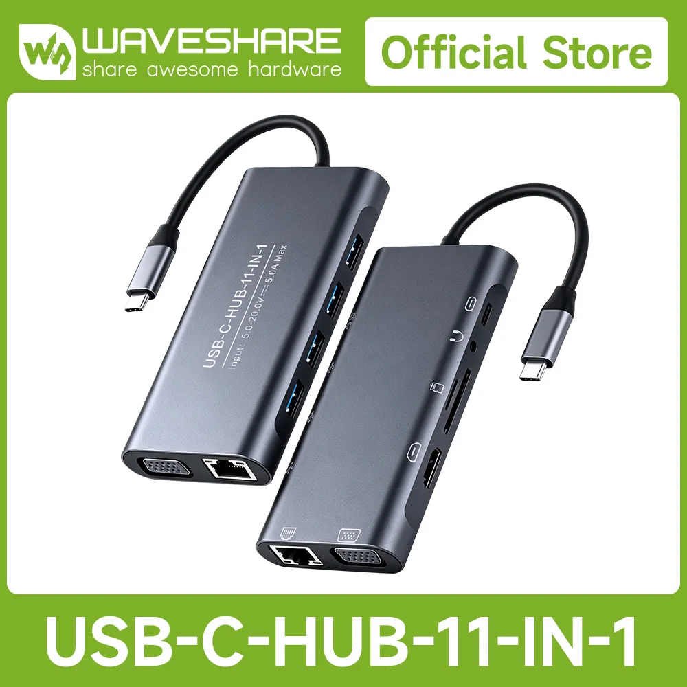 Waveshare USB-C 11-in-1 Hub, RJ45 100Mbps Ethernet Port, 4K High Definition HDMI Port, SD/TF Dual Card Slots, 100W PD Input