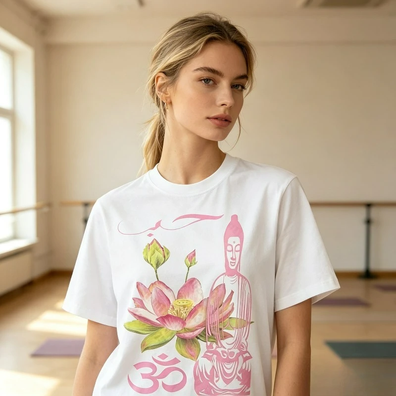 Lotus Buddha Print T-Shirt 100% Cotton Spiritual Meditation Graphic Tee Y2K Aesthetic Casual Yoga Lover Tops for Women