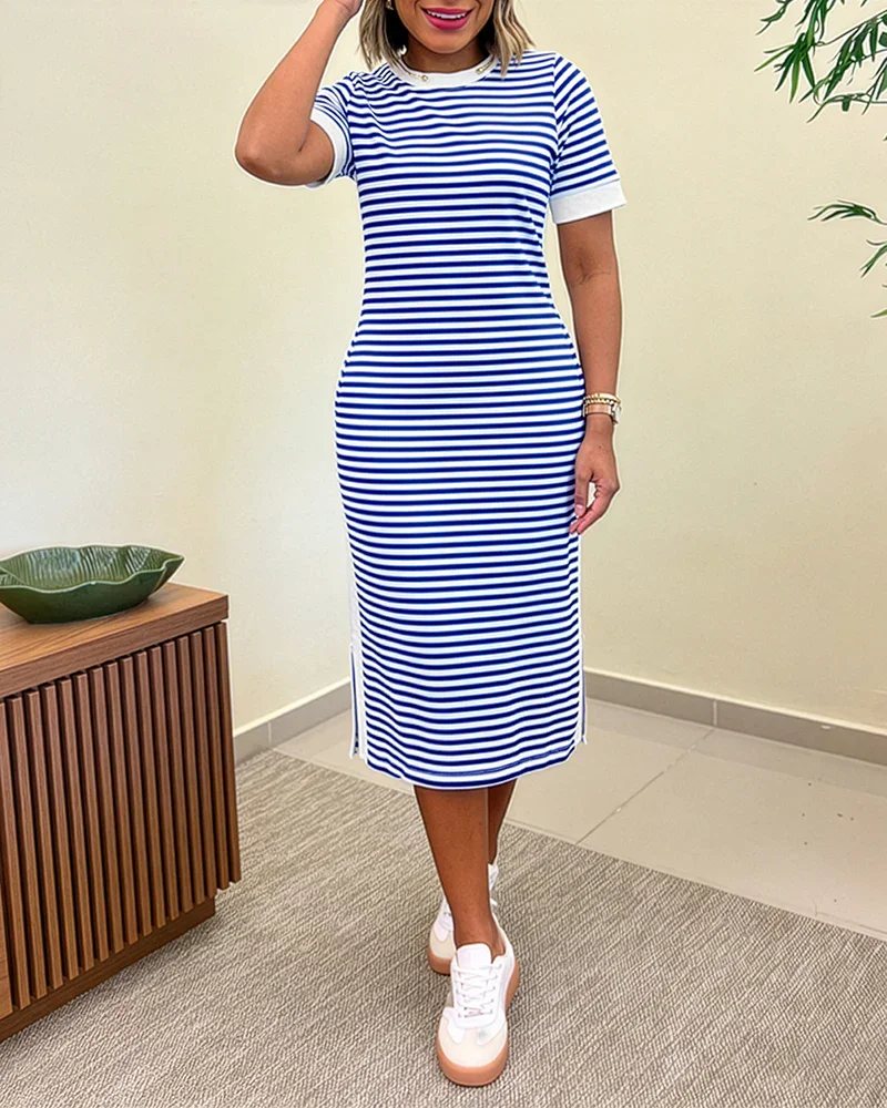 Damen-T-Shirt-Kleid in gestreiftem Colorblock-Design, mittellang, lässiger Rundhalsausschnitt mit geraffter Taille und Seitenschlitz, mit Taschen – Detail 7