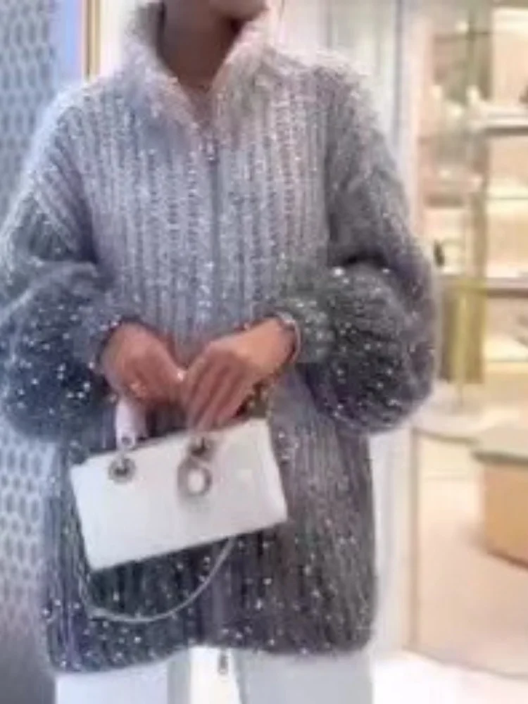 Sweter Tweed Elegan Baru Musim Gugur Musim Dingin Wanita 2024 Gaya Pakaian Rajut Nyaman Leher V Payet Kelas Atas