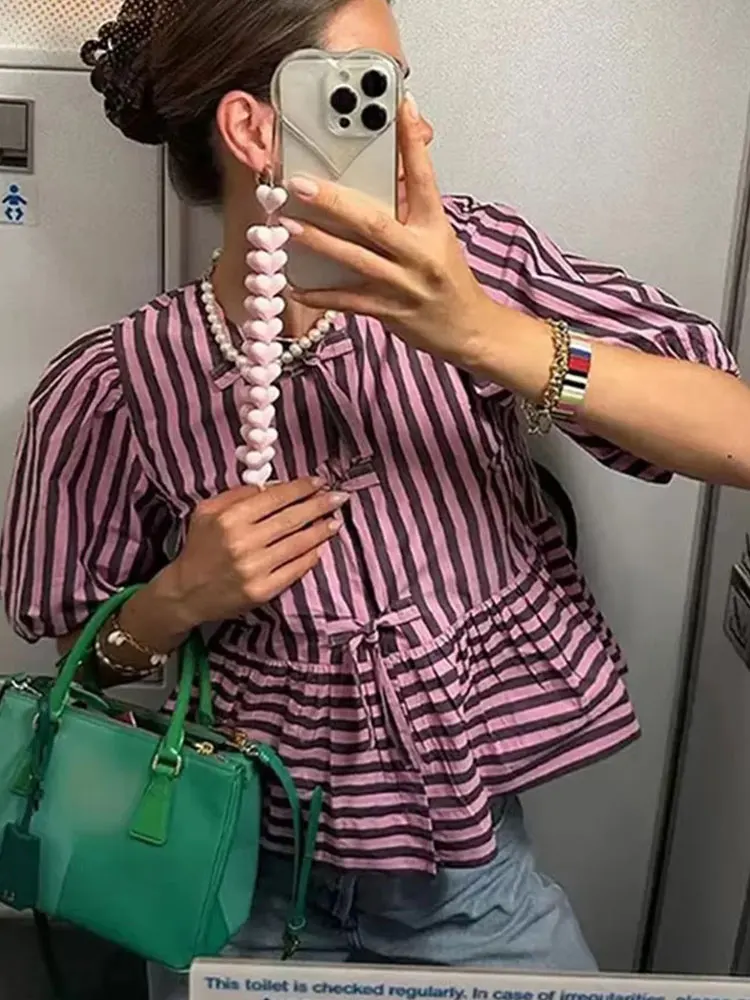 

HH Женская элегантная блузка в полоску с бантом на шнуровке 2024, модная свободная рубашка с коротким рукавом, женские весенне-летние винтажные шикарные топы