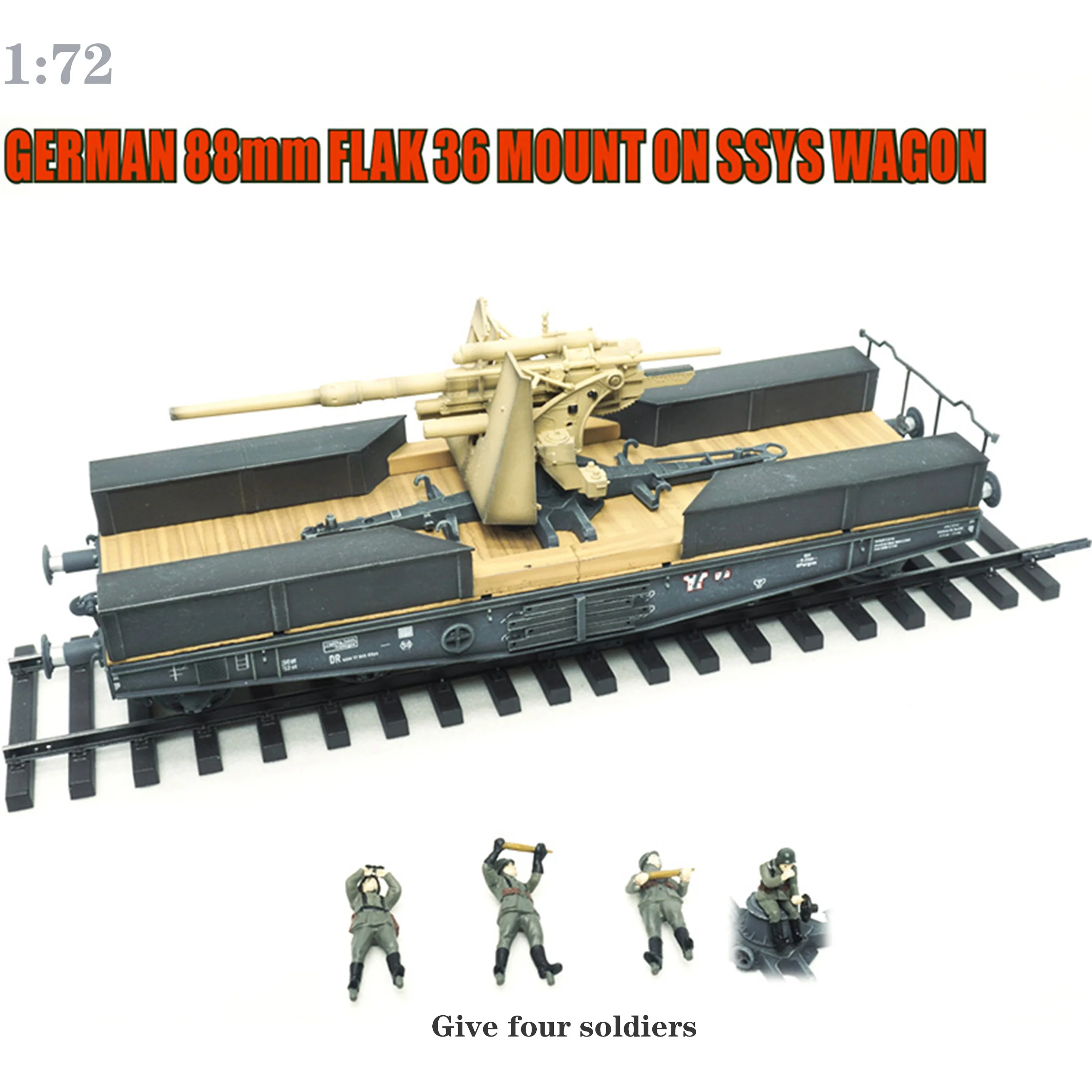 

Rare 1: 72 T-M four-axle train flat trailer model with 88 guns and 4 soldiers set model Finished product collection model