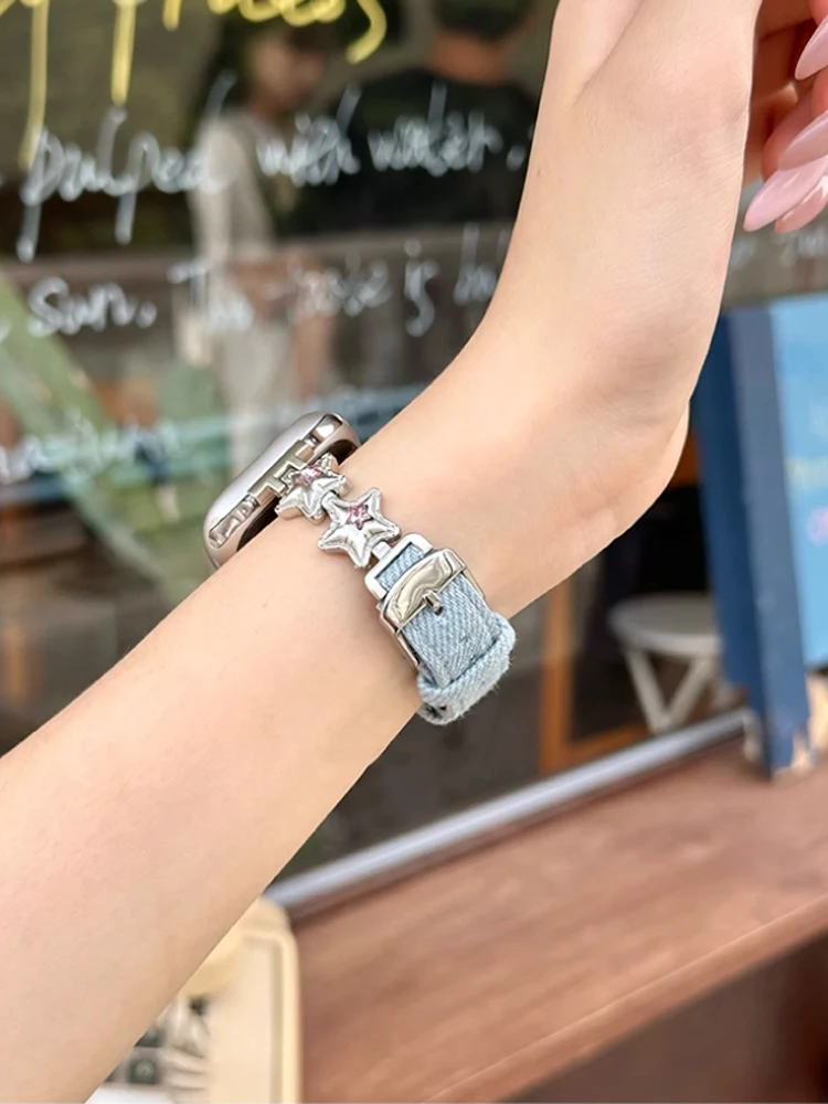 الفاخرة الماس ستار الفرقة ل أبل الترا 10 9 8 7 6 SE 5 الدنيم سوار حزام ل iWatch 38 مللي متر 40 مللي متر 41 مللي متر 42 مللي متر 45 مللي متر 46 مللي متر 49 متر