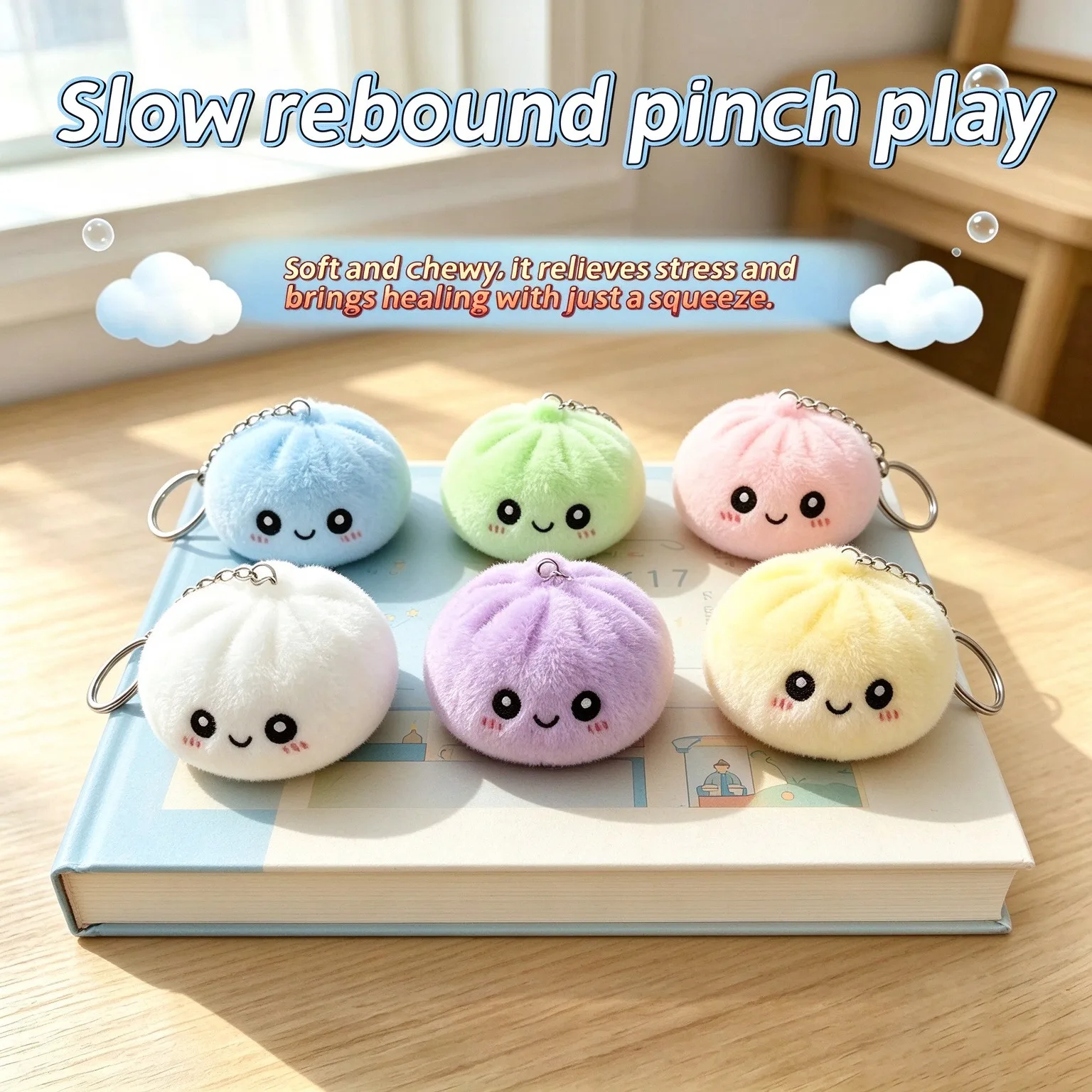 Plush Steamed Bun Keychain Soft Fluff Stuffed Buns Keyrings Fun Squishy Stress Relieve Pendent Relaxing Gifts