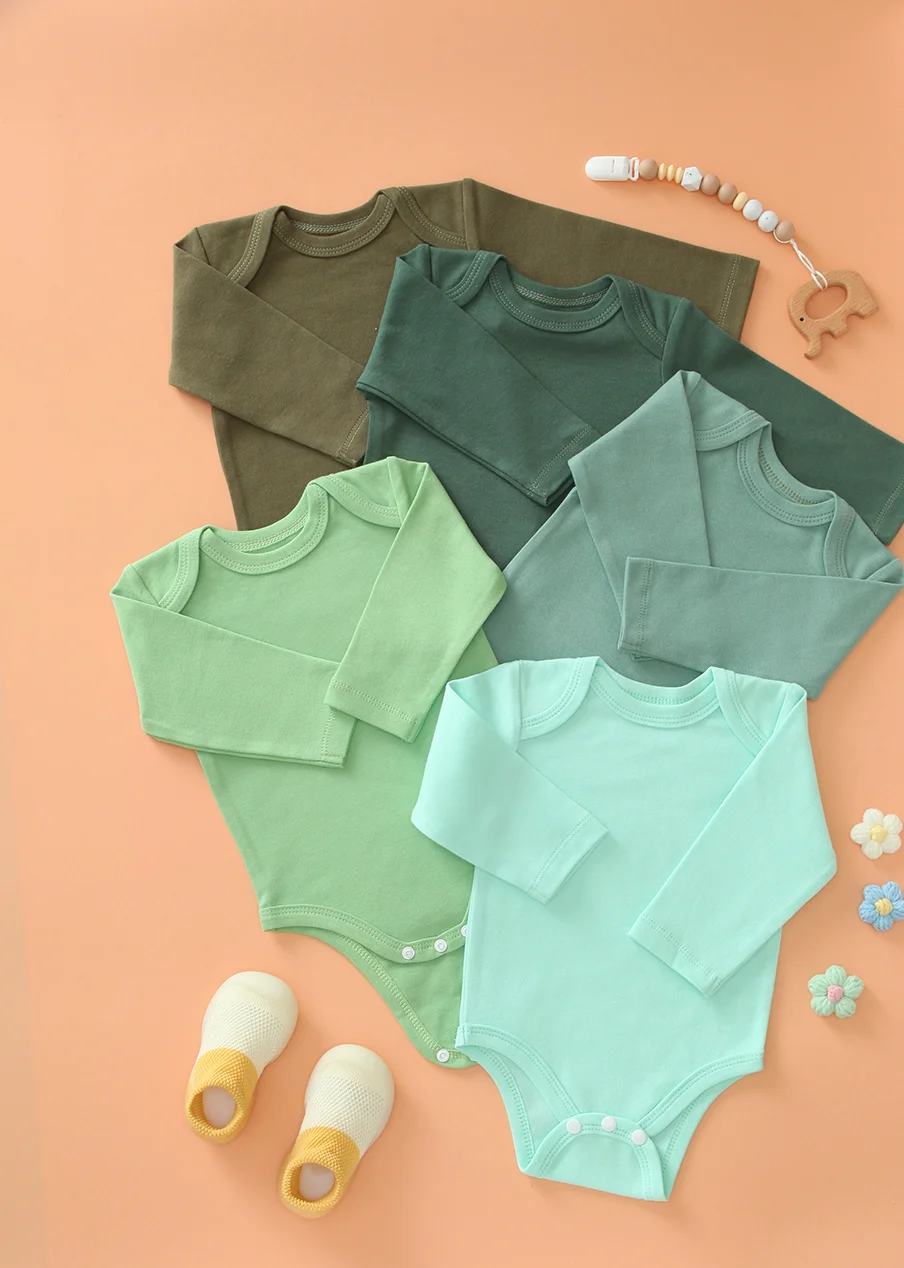 

5 Pack Solid Color Babies Triangle Onesie, Soft Infants Crawling Suits, Long Sleeved Jumpsuits for Newborn Boys and Girls