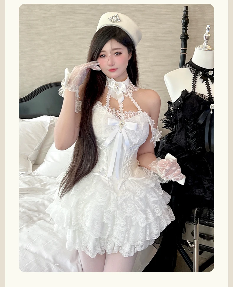 

Original Japanese Harajuku white lace skirts, fashionable and feminine, Lolita sweet and slim fit, kawaii bow skirts suit