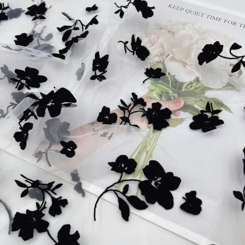 6 colori fiore nero floccaggio tessuto di pizzo floccato maglia morbida tulle per abito da sposa velo da sposa vestito tutu larghezza 51 "