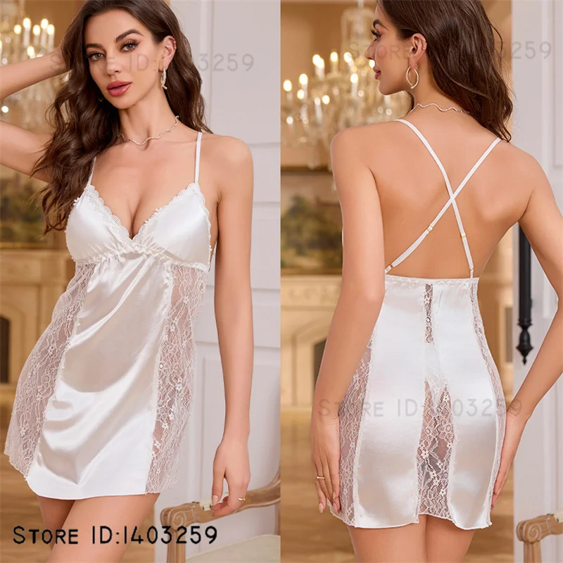 

female nightgown Chemise sleepwear sexy patchwork Perspective lace Spaghetti Strap Nightdress Lingerie summer new home clothes