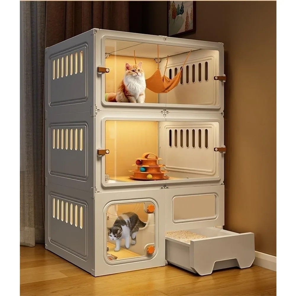

Large Cat Cage Indoor, House with Cat Litter Box, PE Cats Enclosures Indoor with Transparent Door, Pet Cage with Toilet