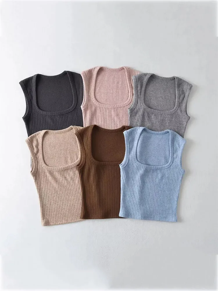 女性の夏のソリッドカラーのセクシーなベストノースリーブ薄いニットベーシックコート弾性クロップトップベスト