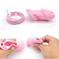 Dispositivo de gaiola de castidade masculina de silicone macio anel bloqueável rosa pequeno e grande, brinquedos sexuais com anel de 5 galos manga de pênis para homens, BDSM