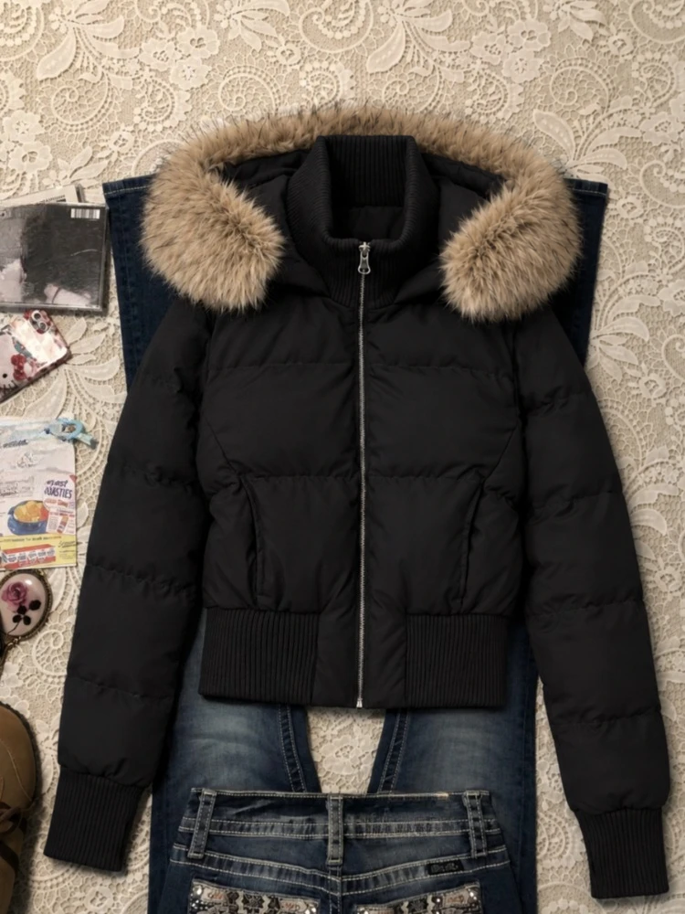 Korean Fashion Cotton‑padded Jacket Harajuku Casual Outerwear Tops Women Faux Fur Collar Parkas Coats Y2K American Vintage