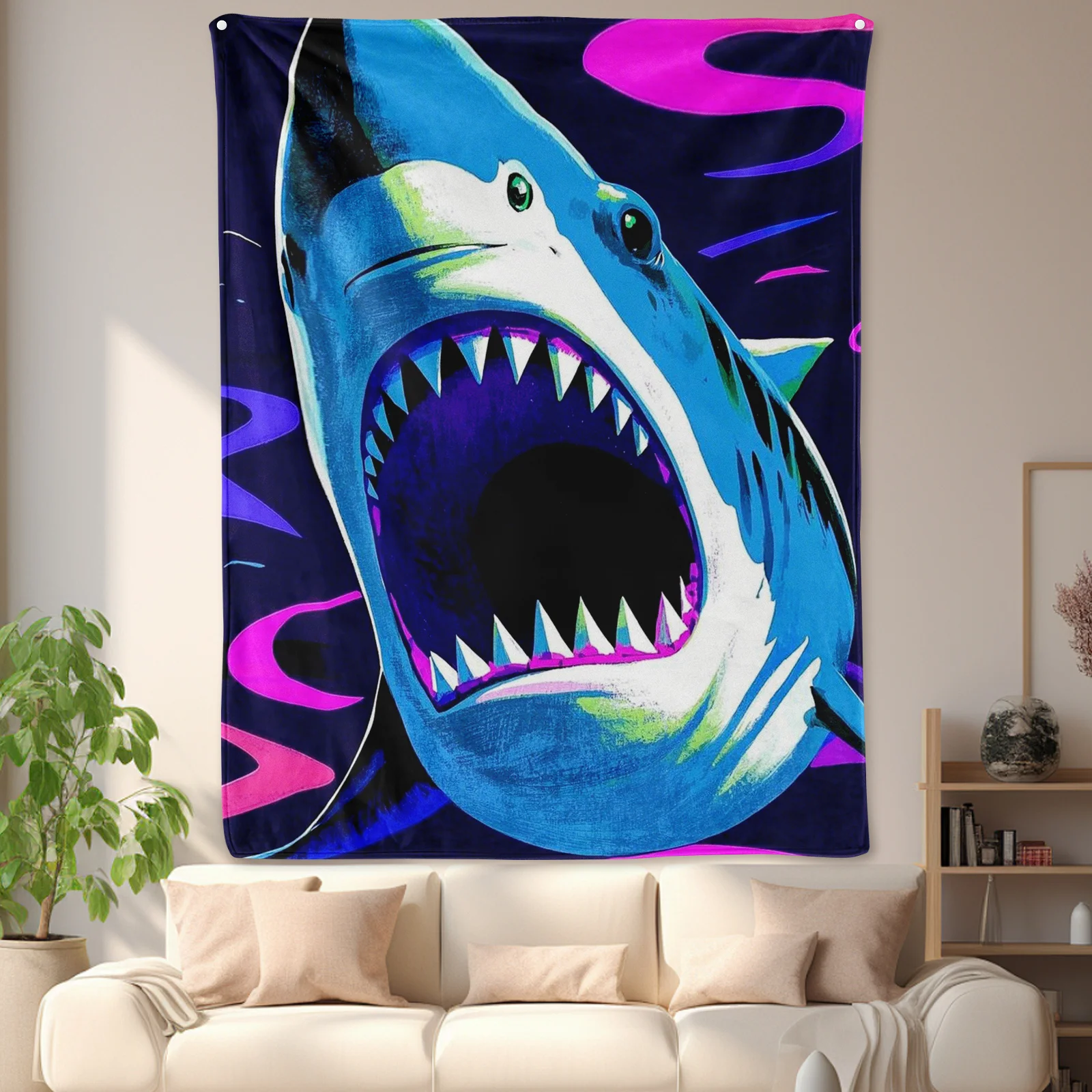 Pop Art Shark Blanket In Blue And Purple Hues With Abstract Design For A Bold And Stylish Home Accent Piece