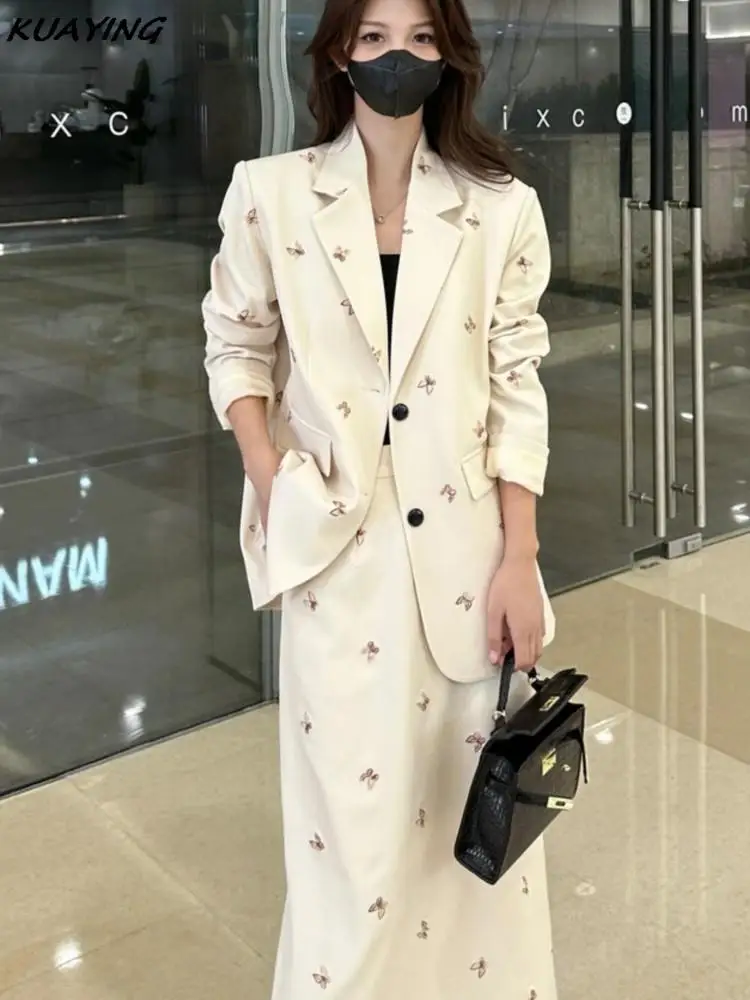 Fashion Elegant Blazer Skirts Suit Butterfly Pattern Casual Business Formal Suit Jackets Midi Saya 2 Pieces Set Female Clothes