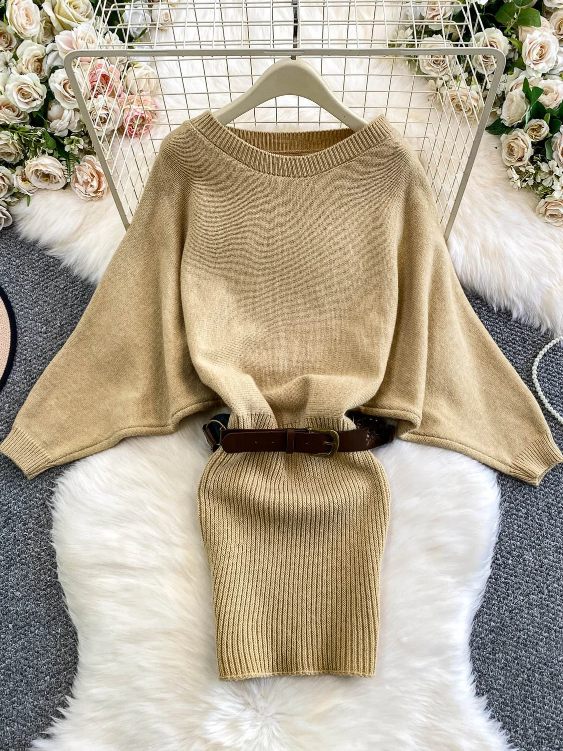Korean Sle Batwing Sve Knitted Dr Women's High Waist Slim Fit Wrap Bodycon Sweater Dr Ci Commute X-ape Silhouette