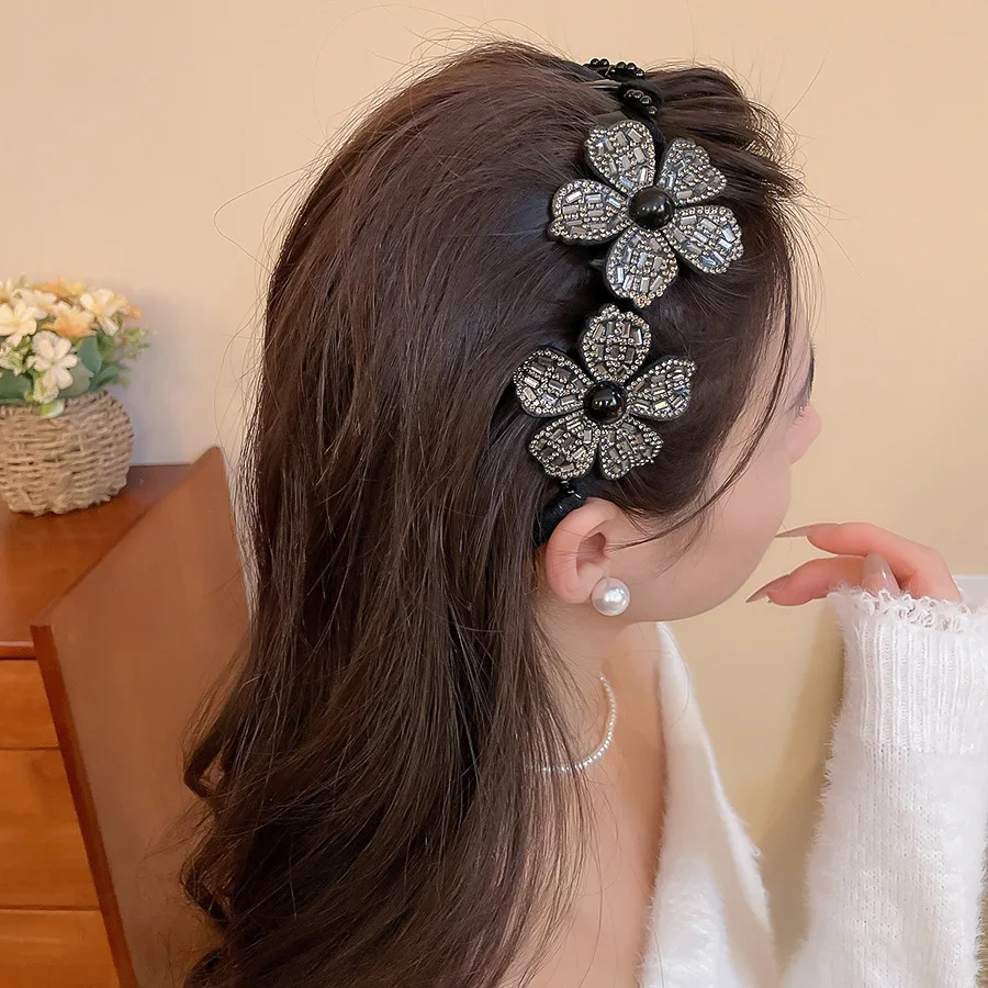 2Pcs Set Funkelnden Diamant Blume Feder Haar Zubehör Set Haar Hoop + Grip Clip frauen Bankett Stil pan Haar Zubehör – Detail 8