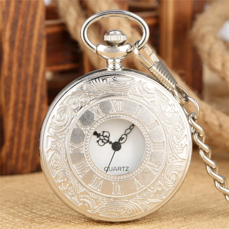 Old Fashion Pocket Watch Carving Roman Number Cover Quartz Watches for Men Women Half Hunter Click Chain Collectable Timepiece