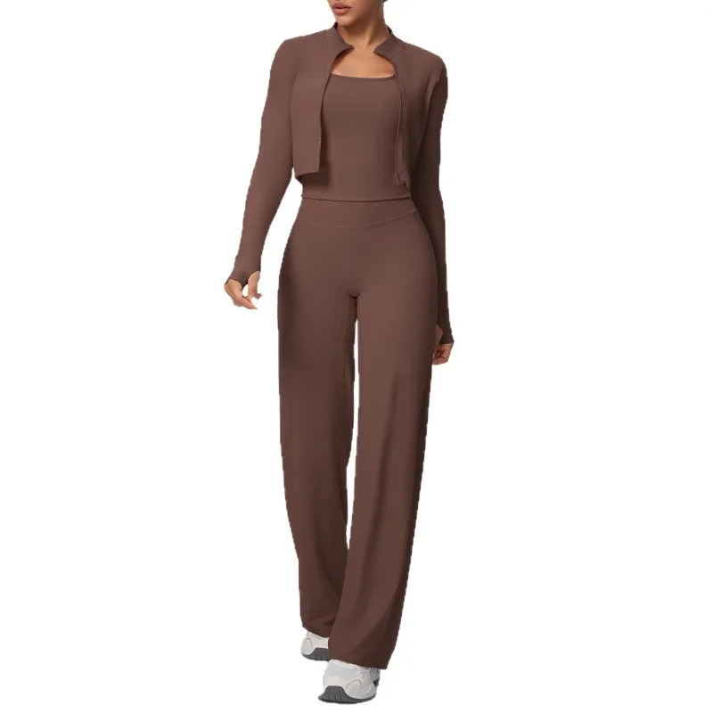 

Женский матовый комплект для йоги, быстросохнущий облегающий однотонный топ на бретелях с широкими штанинами, спортивный комплект из трех предметов, комплект для бега для фитнеса