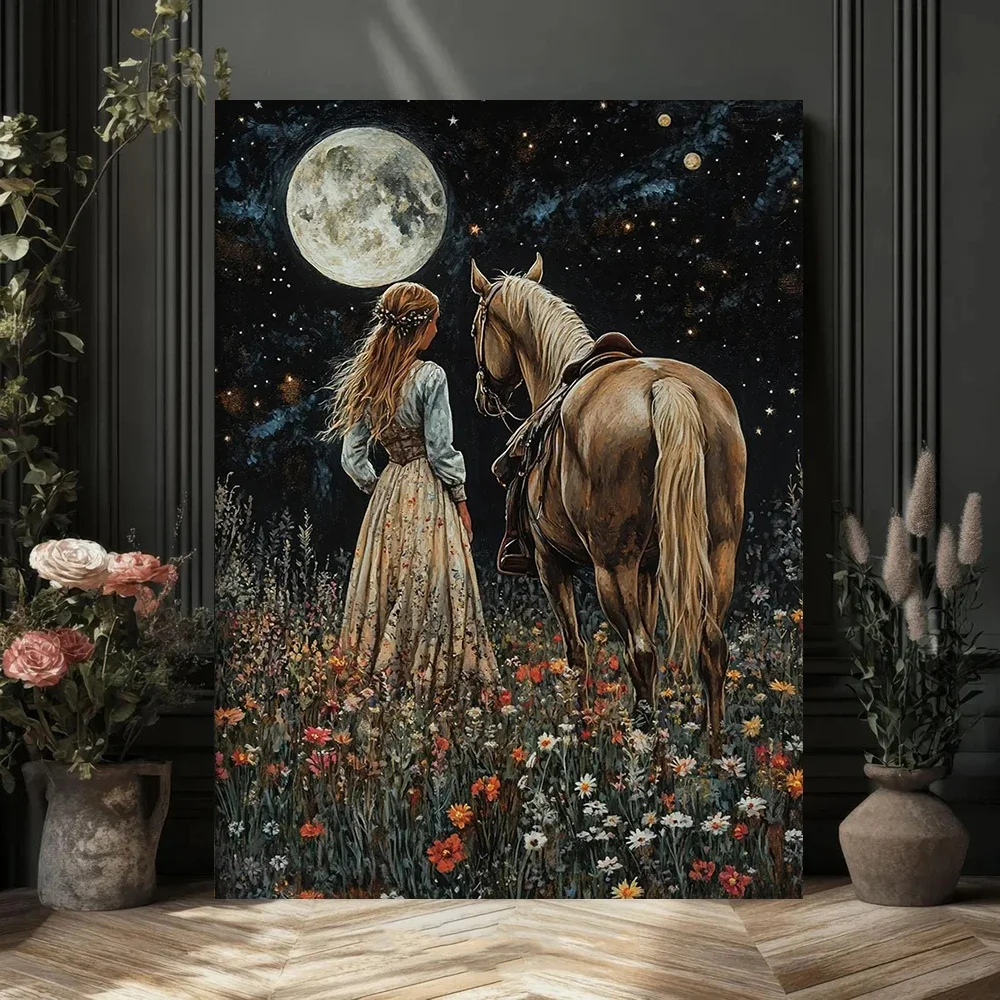 Multiple sizes 1pc frameless Canvas Painting,Vintage Girl & Horse in Wildflower Field At Night Dark Poster and Prints Canvas Pai