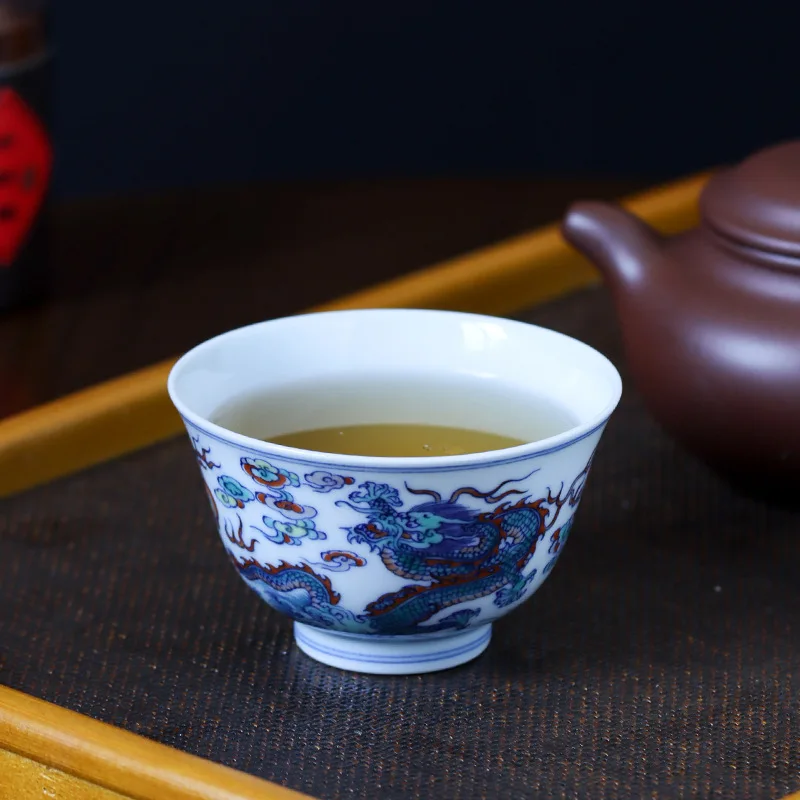 

High Quality Pure Hand Drawing Antique Doucai Double Texture Cup Tea Set Single Handmade Jingdezhen Ceramic