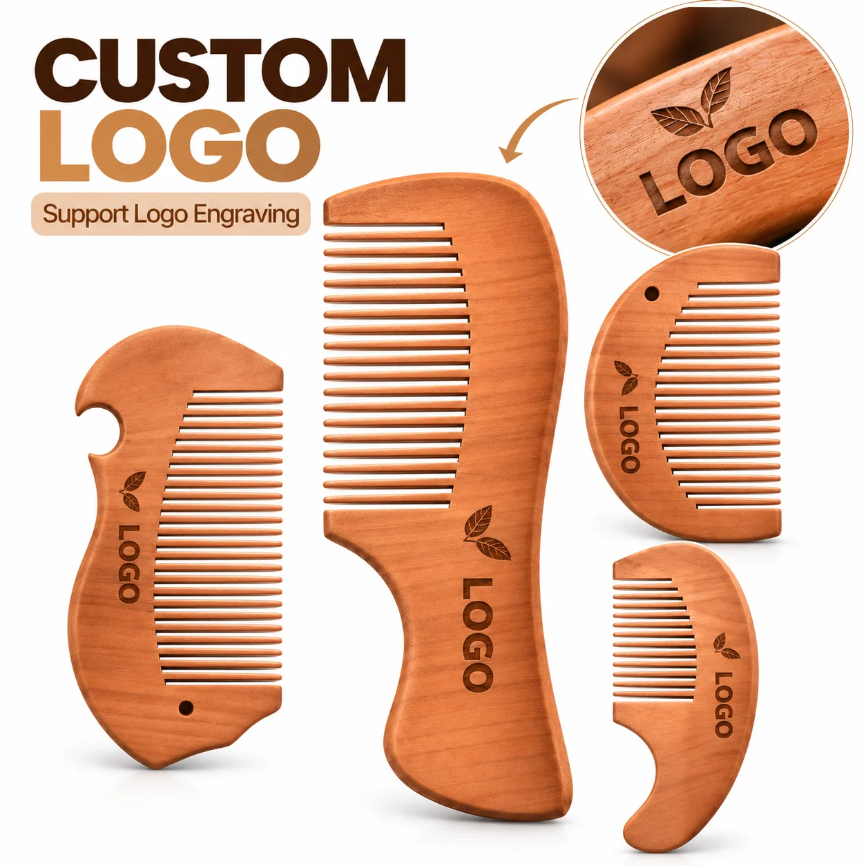 50PCS Natural Pear Wood Hair and Beard Combs Portable Wooden Grooming Combs Custom Logo 4 Styles to Choose From