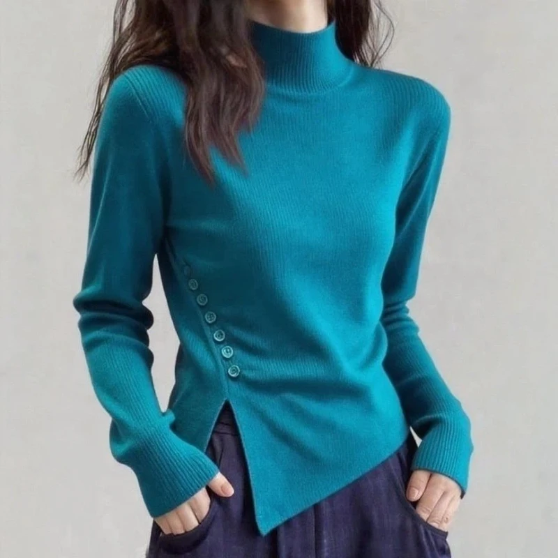 

Elegant Turtleneck Knit Blouse With Side Buttons For Women Slim Fit Office Wear Spring Autumn Style