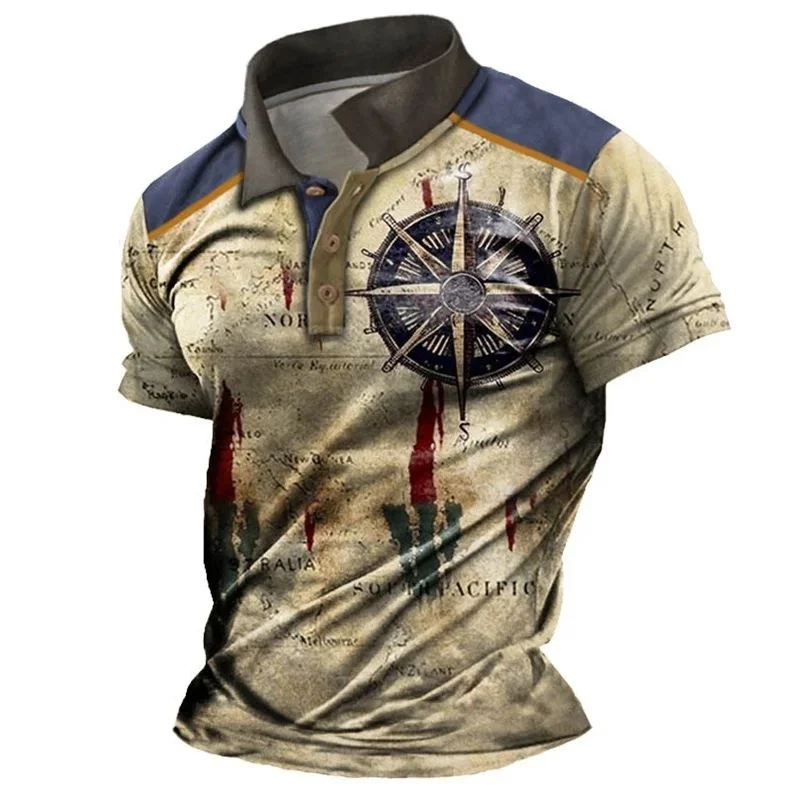 Vintage Men's 3D Print Compass Shirt Lapel Casual Male Fashion Mid-Year CleanFit Style Inner Wear Chinese Origin