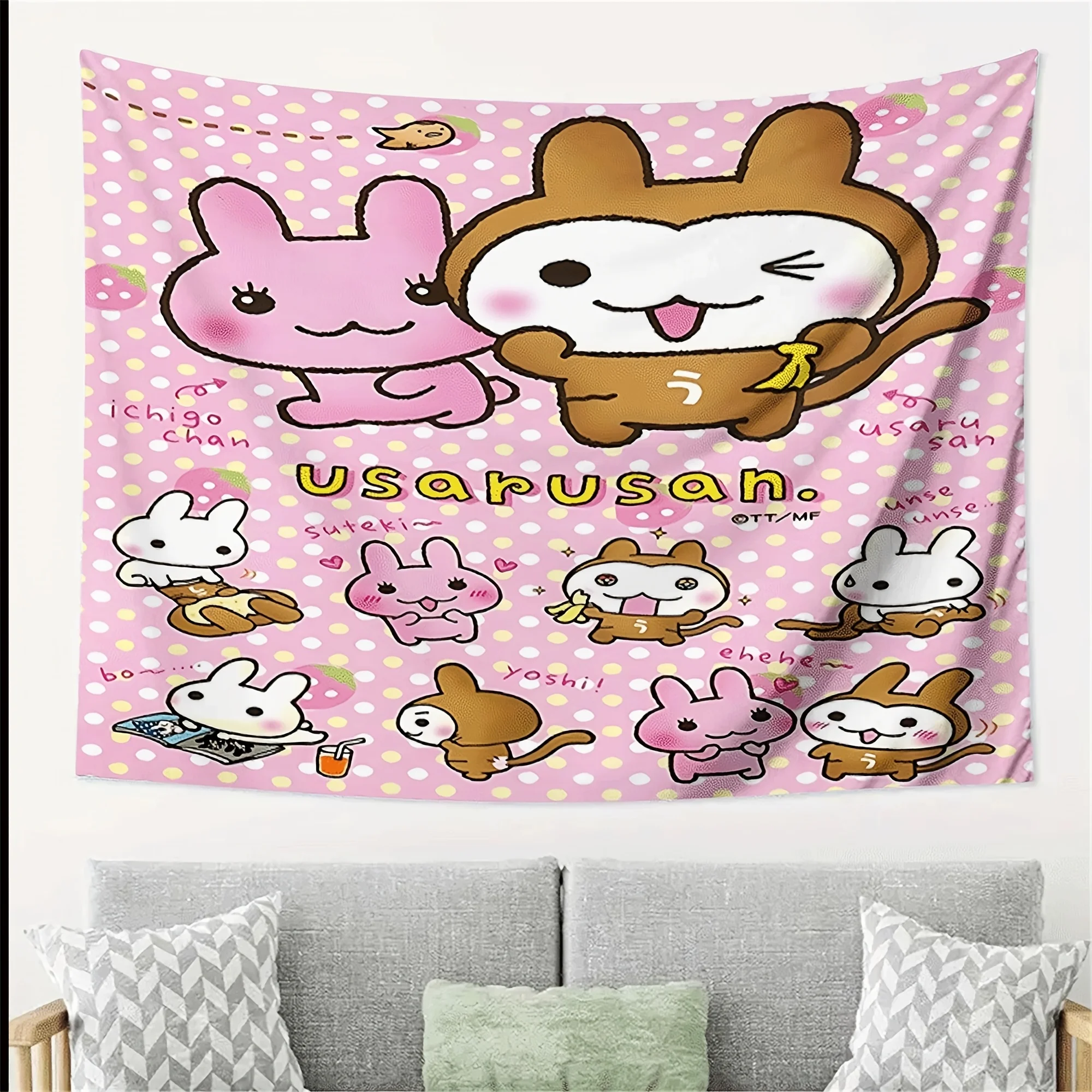 1pc Kawaii Cartoon Rabbit Monkey Anime Tapestry Pink Polka Dot Wall Hanging For Bedroom Dorm Aesthetic Home Decor Teen Girl Gift