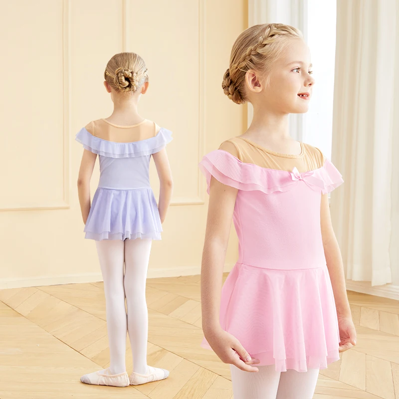 Maillots de Ballet para Niñas, Vestido de Ballet con Hombros Descubiertos, Color Rosa, Trajes de Danza con Mangas con Volantes para Niñas Pequeñas, Maillots de Gimnasia