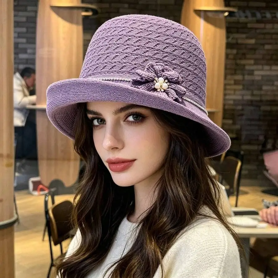 

French Style Flower Pearl Embroidered Bucket Hat With Rolled Brim For Women Spring Summer