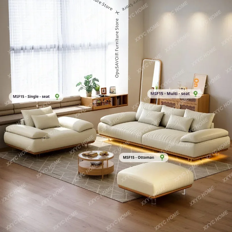 XX Modern Floating Sofa Genuine Leather Couch Solid Wood Base Cream Style Straight Sofa Living Room Mid-Century Furniture
