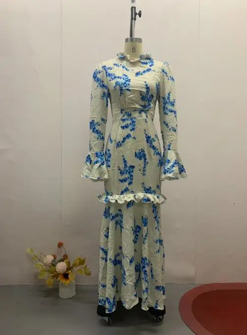 2025 프랑스 여성 드레스 신상 우아한 패션 플로럴 프린트 혼 슬리브 하이웨이스트 캐주얼 라운드넥 슬림 데일리 피쉬테일 스커트