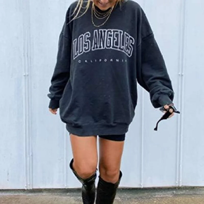 Women's Oversized Sports Shirt Los Angeles California Round Neck Long Sleeved Casual Loose Pullover