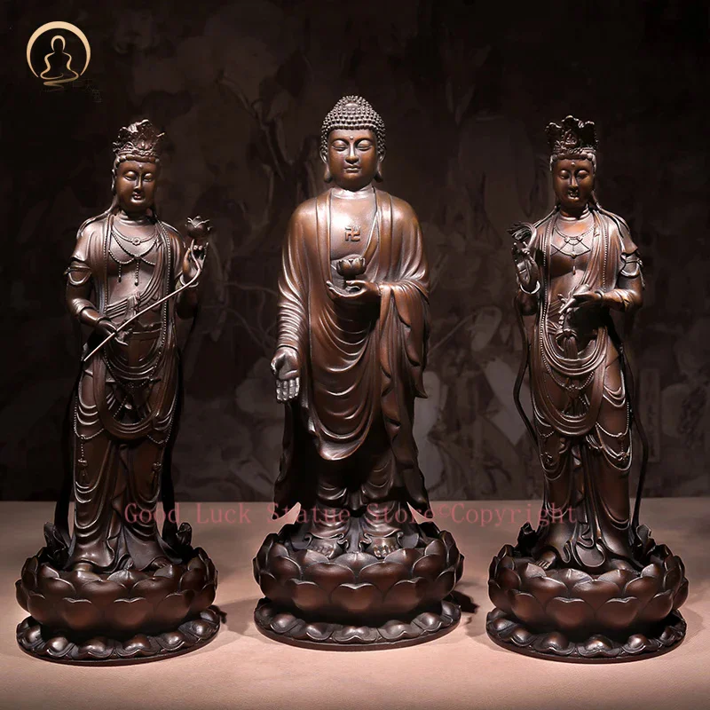 

A SET 3P # GOOD figure of Buddha HOME temple Shrine Protection # Tantra Buddhism Amitabha Sakyamuni Guanyin Buddha Bronze statue